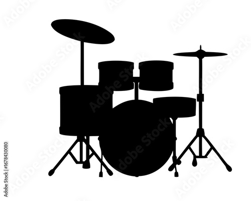 Silhouette of a standard drum set including cymbals and different drums