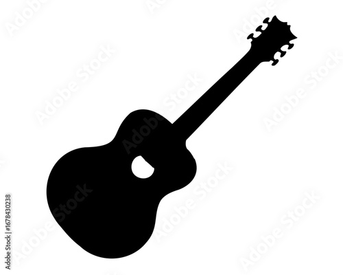 Acoustic Guitar Silhouette Against White Background, Musical Instrument Graphic Representation