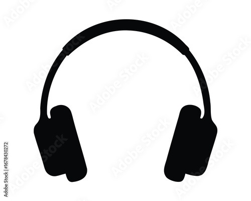 Black silhouette illustration of modern headphones on a white isolated background