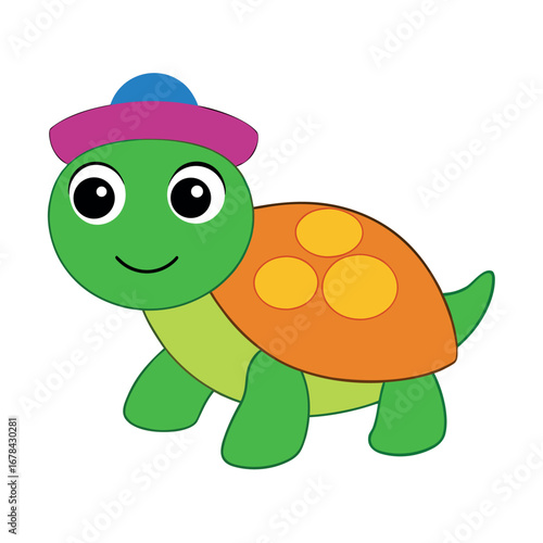 Adorable cartoon turtle character with a hat in fun artwork Vector illustration