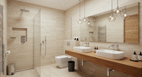 Wallpaper Mural A modern bathroom with a walk-in shower and a vessel sink. Torontodigital.ca