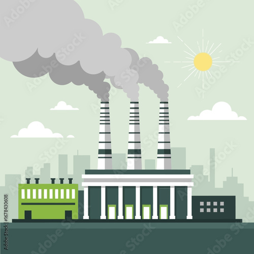Factory emissions vector illustration with smoke stacks against a cityscape background