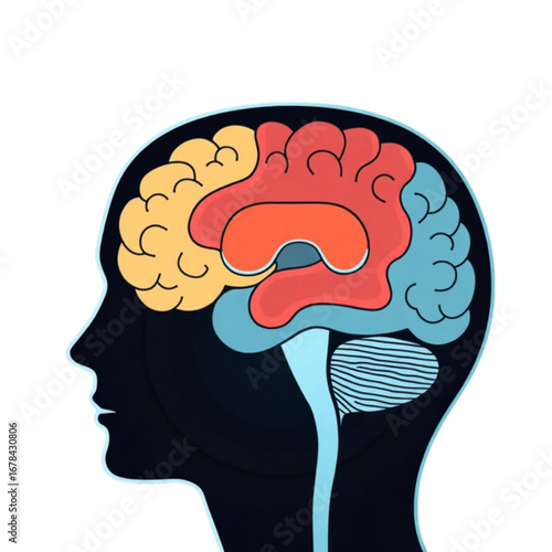 Illustration of human brain anatomy with colored regions, educational concept