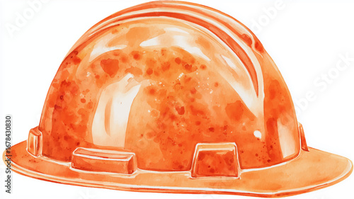 Vector illustration of orange construction helmet. Watercolor painting.