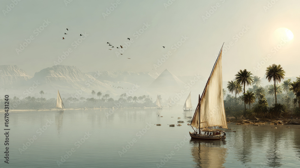 Obraz premium Serene Egyptian felucca voyage on Nile river at sunrise. traditional boat sails on calm water in hazy landscape