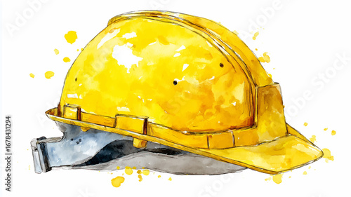 Vector illustration of yellow construction helmet. Watercolor painting.