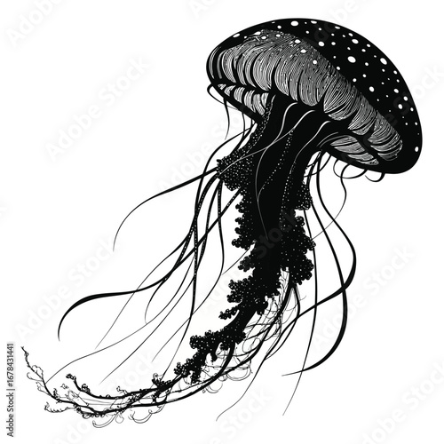 Detailed black jellyfish silhouette with flowing tentacles