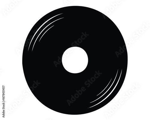 Vintage Black Vinyl Record Silhouette with White Background and Circular Grooves