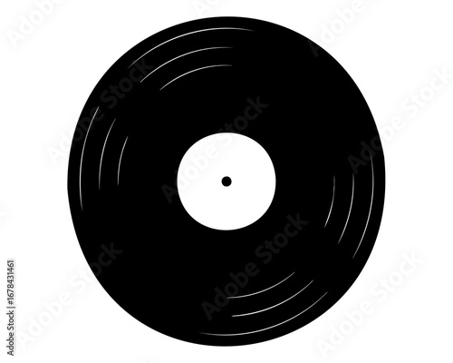 Black and white vinyl record with grooves and a circular center label