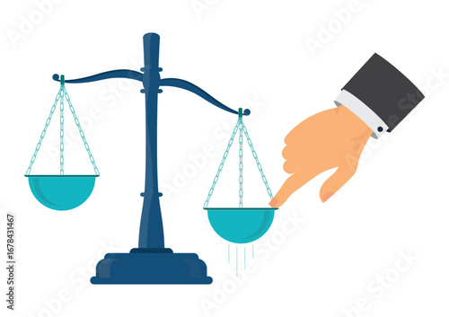 Human hand putting finger to one side on scales making.
