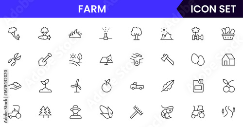 Farming vector line icons featuring tractors, crops, barns, irrigation, tools, livestock, planting, harvesting, agriculture equipment, and rural landscape elements.