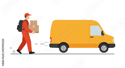 Delivery person in red uniform walking with packages near yellow van on white background