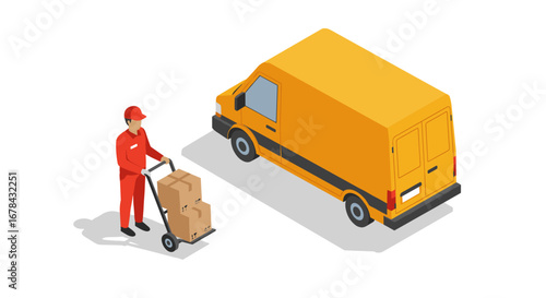 Delivery worker moving packages with hand truck beside yellow van isometric style