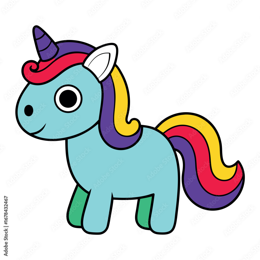 Fototapeta premium Cute cartoon unicorn with rainbow mane illustrated in colorful fantasy Vector illustration