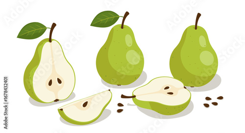 Fresh pears on white background with leaves in flat design