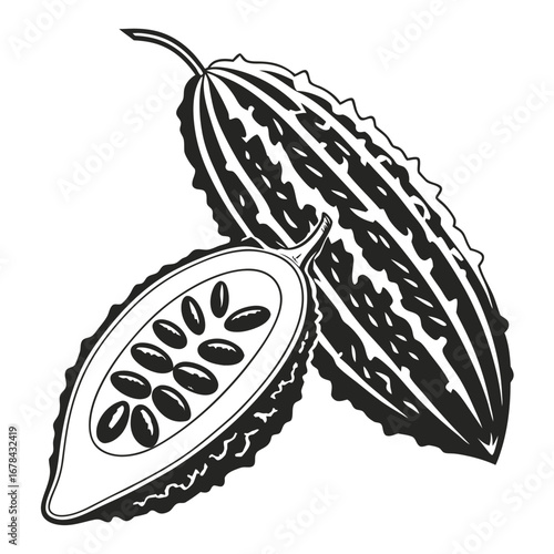 Bitter melon fruit silhouette with seeds inside