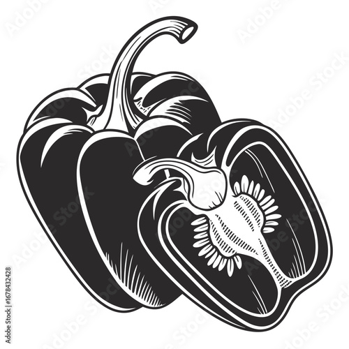 Detailed black and white silhouette of bell peppers one whole and one halved