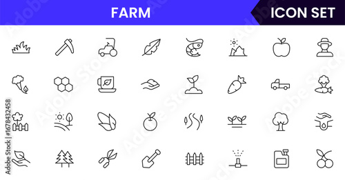 Farming vector line icons featuring tractors, crops, barns, irrigation, tools, livestock, planting, harvesting, agriculture equipment, and rural landscape elements.