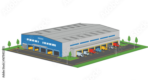 Modern warehouse facility with loading trucks in isometric style
