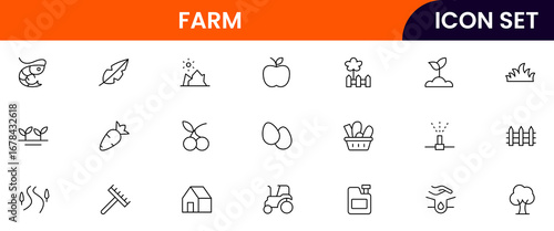 Farming vector line icons featuring tractors, crops, barns, irrigation, tools, livestock, planting, harvesting, agriculture equipment, and rural landscape elements.