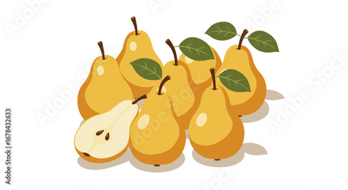 Ripe pears with leaves on white background in flat design
