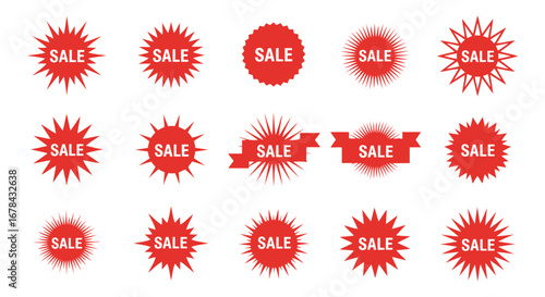 Set of red starburst sale stickers and promotional labels in various vector styles, including sharp, blurred, and ribbon designs.