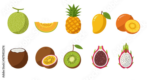 Colorful collection of tropical and exotic fruits in flat style