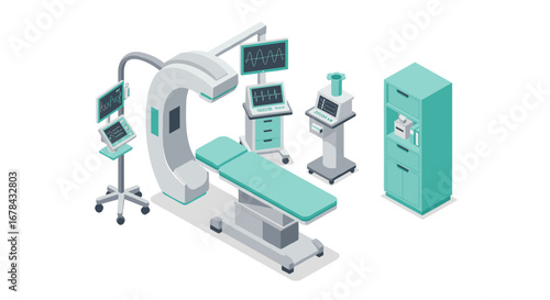 Modern isometric medical equipment in a clean hospital setting