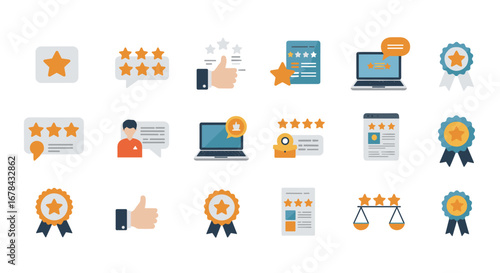 Flat design icons for customer reviews and ratings with stars, medals, and devices