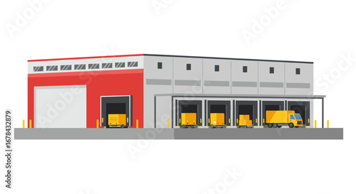 Modern warehouse exterior with loading bays and delivery trucks
