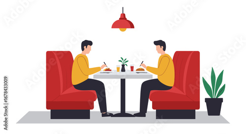 Modern cafe scene with two people dining in cozy booth