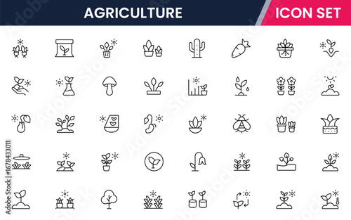 Agriculture vector line icons featuring fields, crops, tractors, irrigation, barns, seeds, tools, farming practices, harvest, and sustainable food production.
