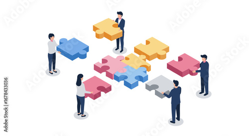 Teamwork concept with business people connecting puzzle pieces in isometric design