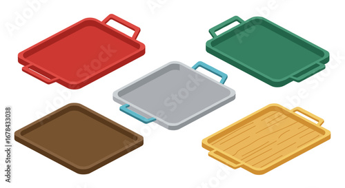 Colorful isometric trays set with handles on white background