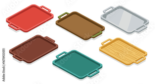 Colorful isometric serving trays set with handles and varied textures