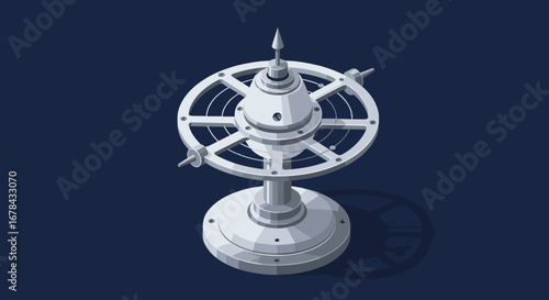 Isometric satellite antenna on dark background for technology and communication themes