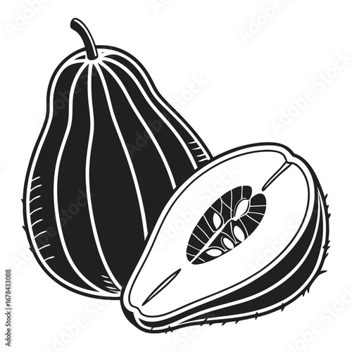 Whole and halved papaya fruit silhouette with seed detail