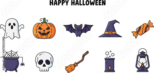 Happy halloween icons with pumpkin, ghost, bat, hat, candy, cauldron, broom, skull, and lantern