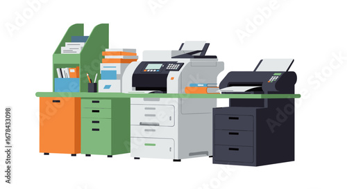 Modern office supplies: printers, cabinets, and organized workspace in flat design