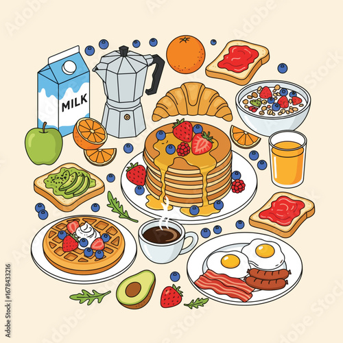 Illustration of a colorful breakfast spread isolated on white background