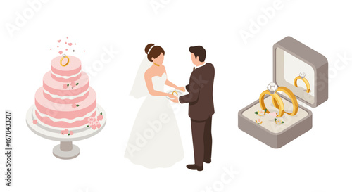 Elegant wedding elements: bride, groom, cake, rings in isometric design