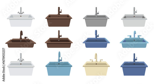 Diverse collection of colorful kitchen sinks in flat style