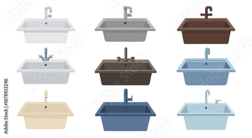 Collection of modern kitchen sinks in various styles and colors