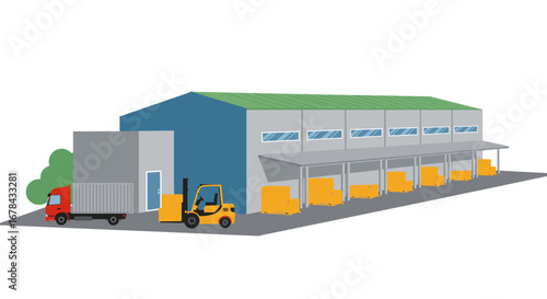 Modern warehouse with logistics vehicles and freight containers