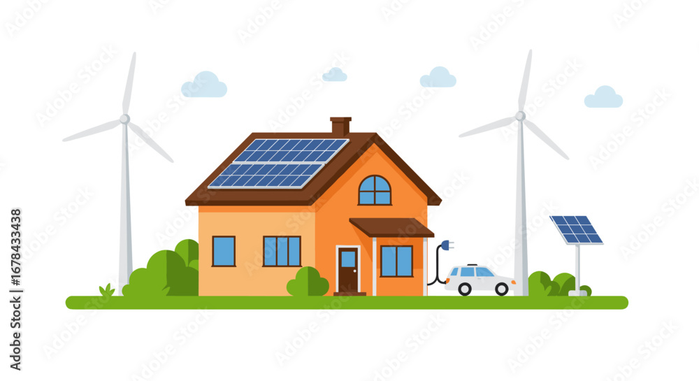 Fototapeta premium Sustainable home with solar panels and electric car charging station
