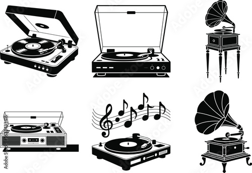 Retro Vintage Record Player Silhouette | Classic Music Turntable Icon Vector Design