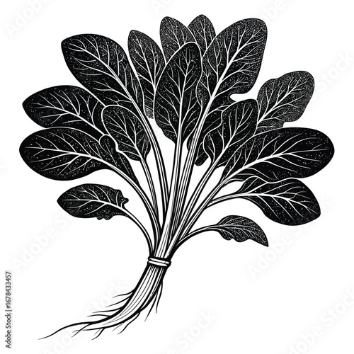 A detailed silhouette of a bunch of fresh spinach leaves