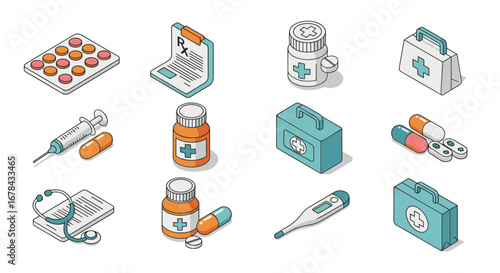 Isometric medical supplies with pills, bottles, and first aid kits