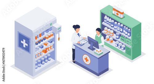 Isometric pharmacy scene with pharmacists and medicine shelves