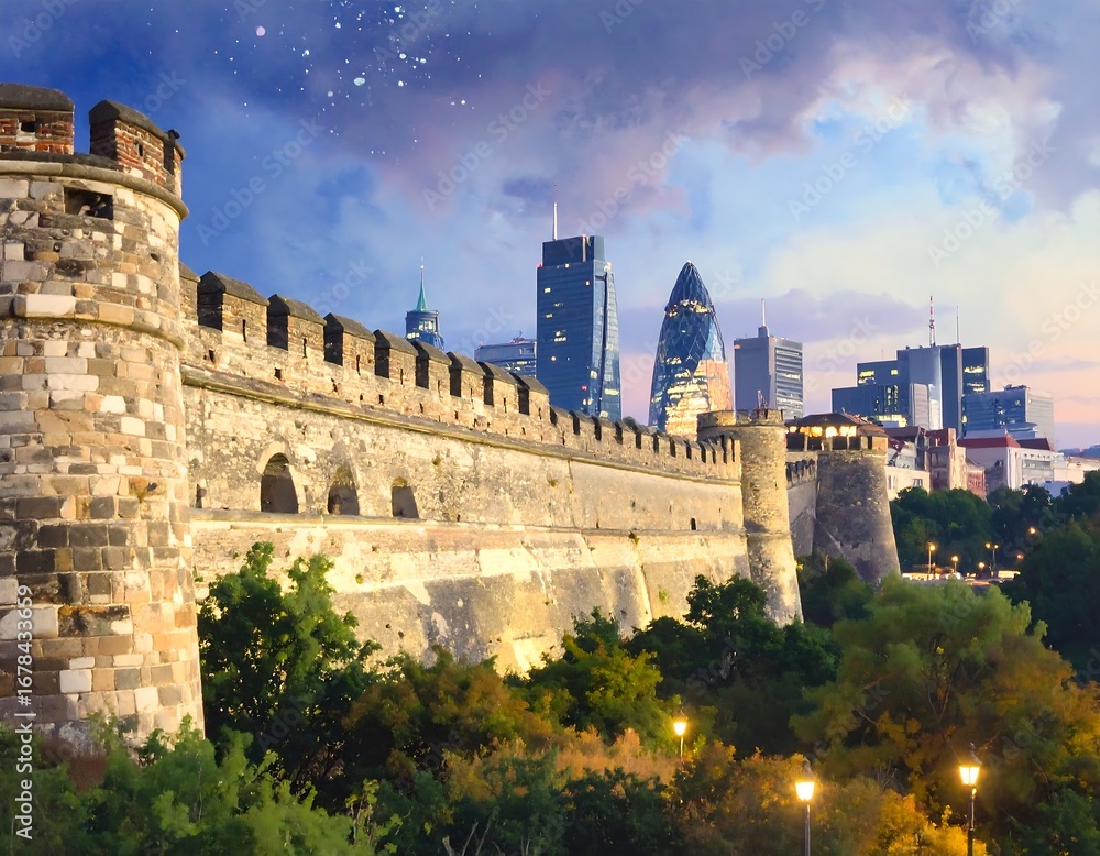 Fototapeta premium Medieval walls meet modern city skyline at twilight